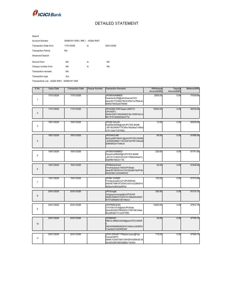 AQSA RAFI Account Statement 2026 | PDF | Payments | Service Industries
