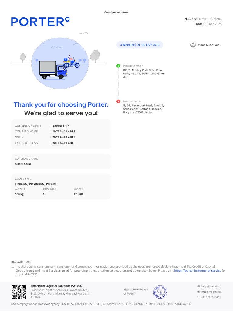 Porter Consignment Note (CRN1513976403) | PDF