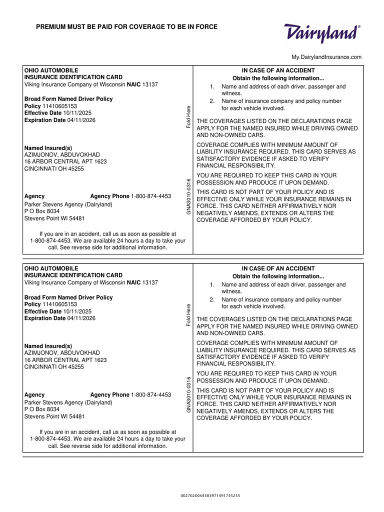 Ohio Auto Insurance ID Card Details | PDF | Insurance | Transport
