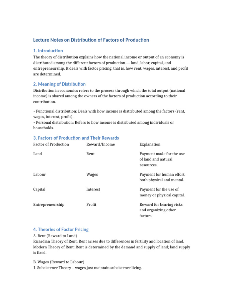 Lecture Notes On Distribution of Factors of Production | PDF | Labour ...