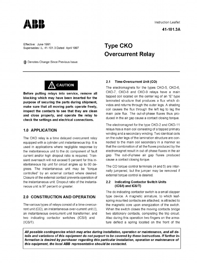 Type CKO Overcurrent Relay Overview | PDF | Transformer | Relay