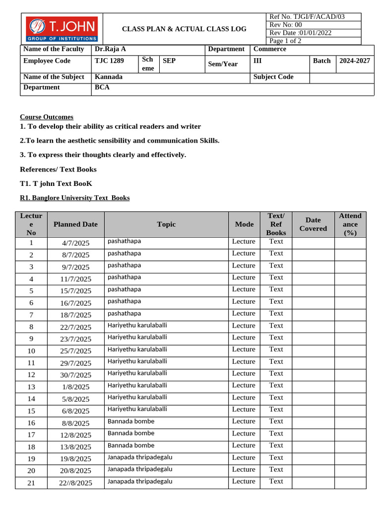 Kannada Class Plan and Log 2025 | PDF