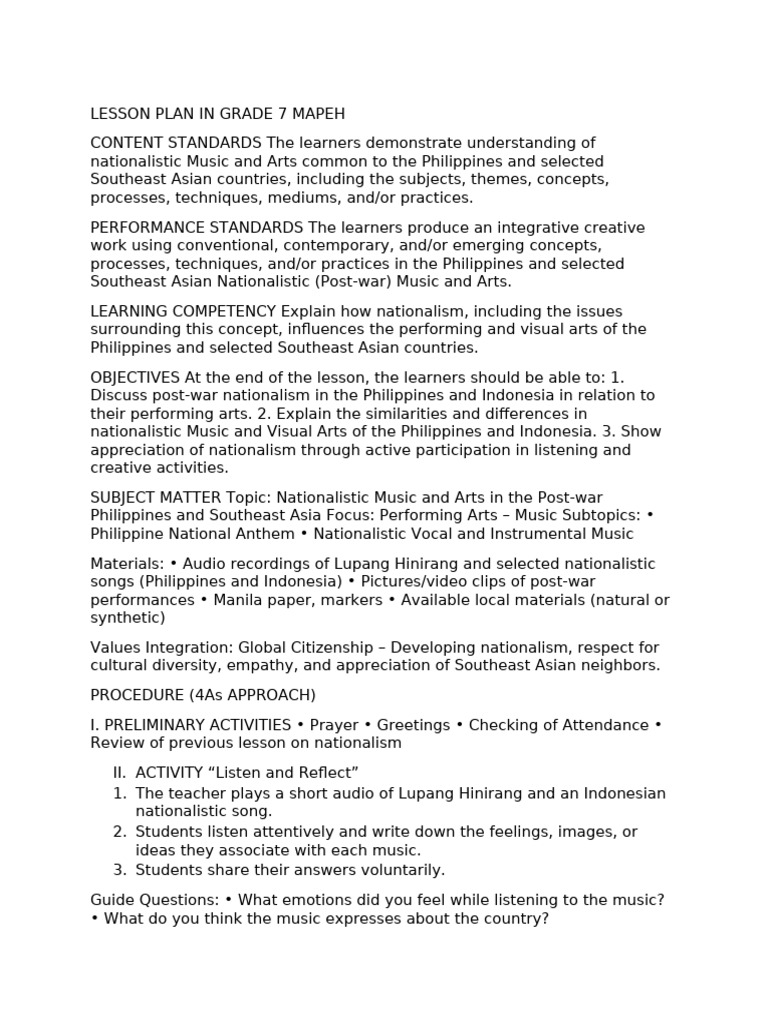 Grade 7 MAPEH Lesson on Nationalism | PDF | Nationalism | Lesson Plan