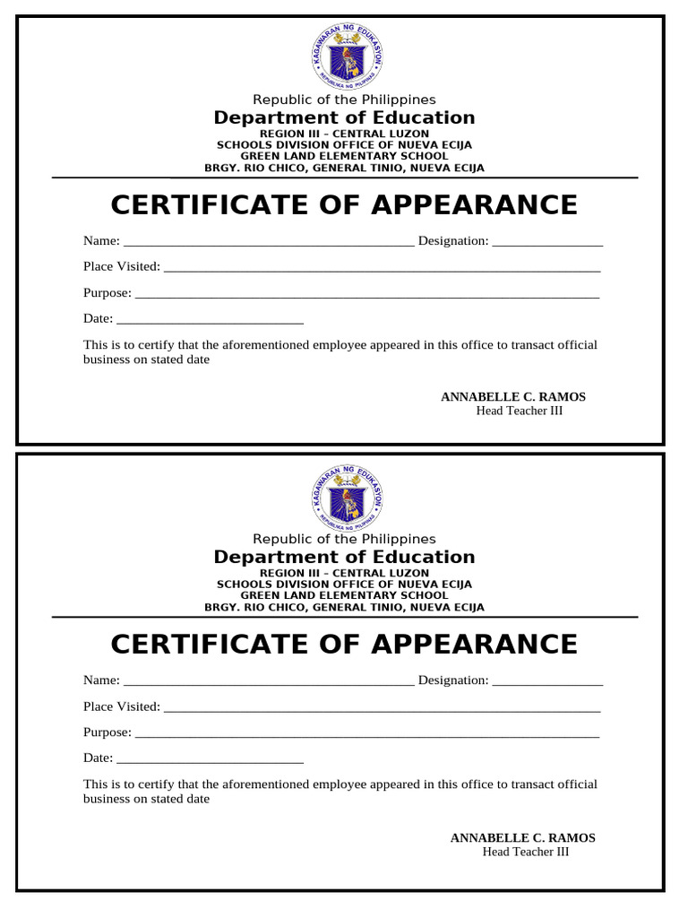 Certificate of Appearance Template | PDF