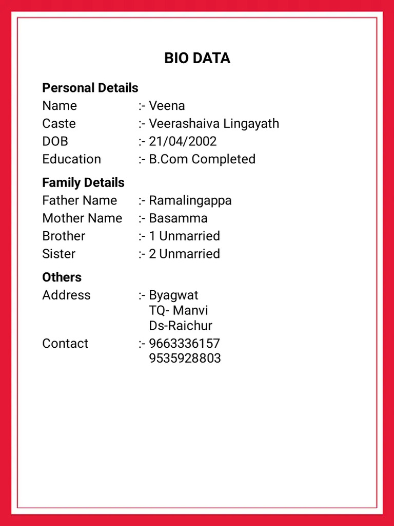 Veena's Bio Data and Family Details | PDF