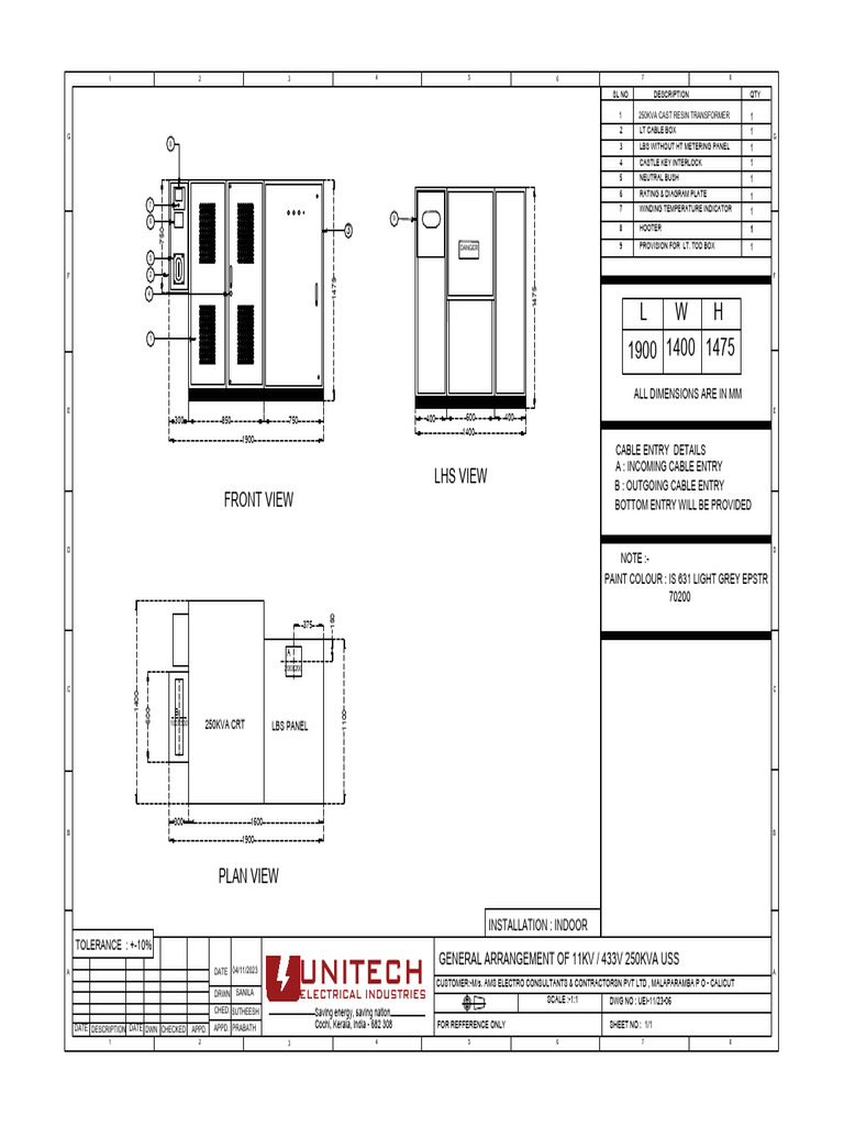 11KV/433V 250KVA USS General Arrangement | PDF | Electrical Engineering ...