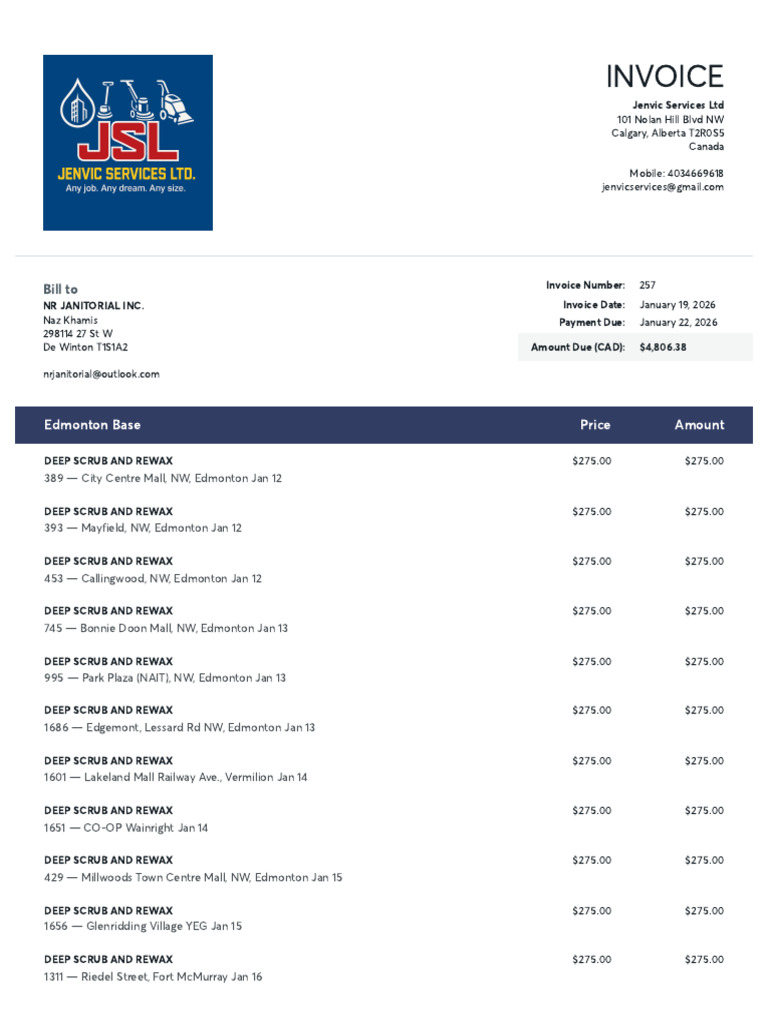 Jenvic Services Invoice #257 Summary | PDF | Edmonton