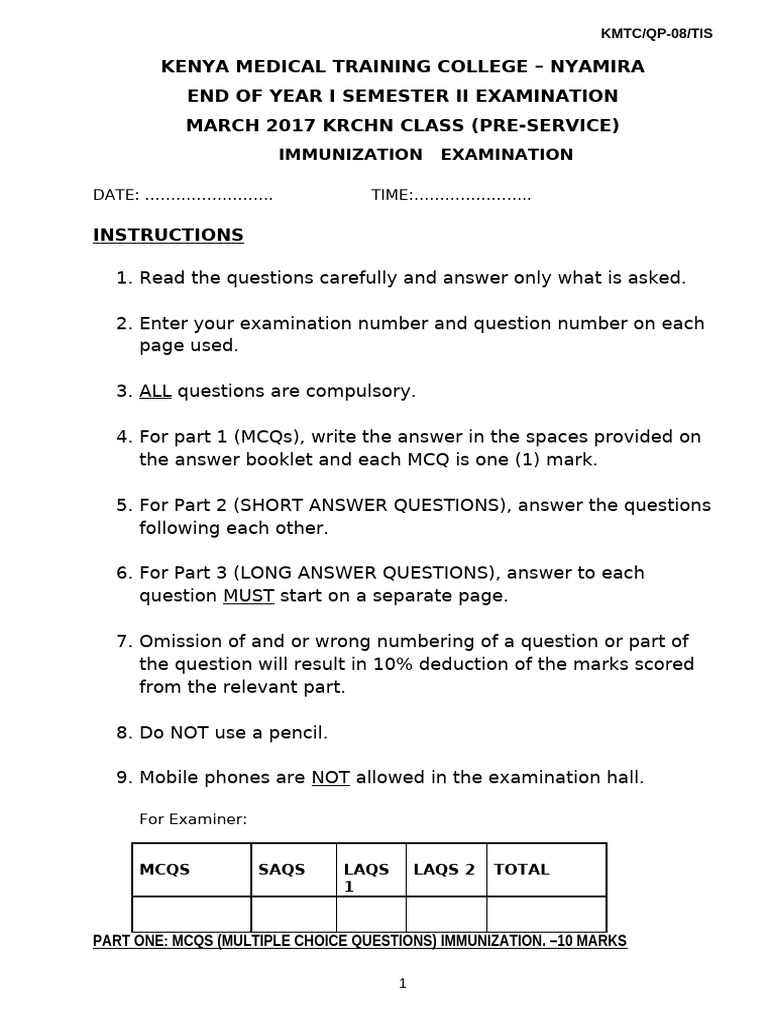 Immunization Exam Paper - KMTC 2017 | PDF | Vaccines | Multiple Choice