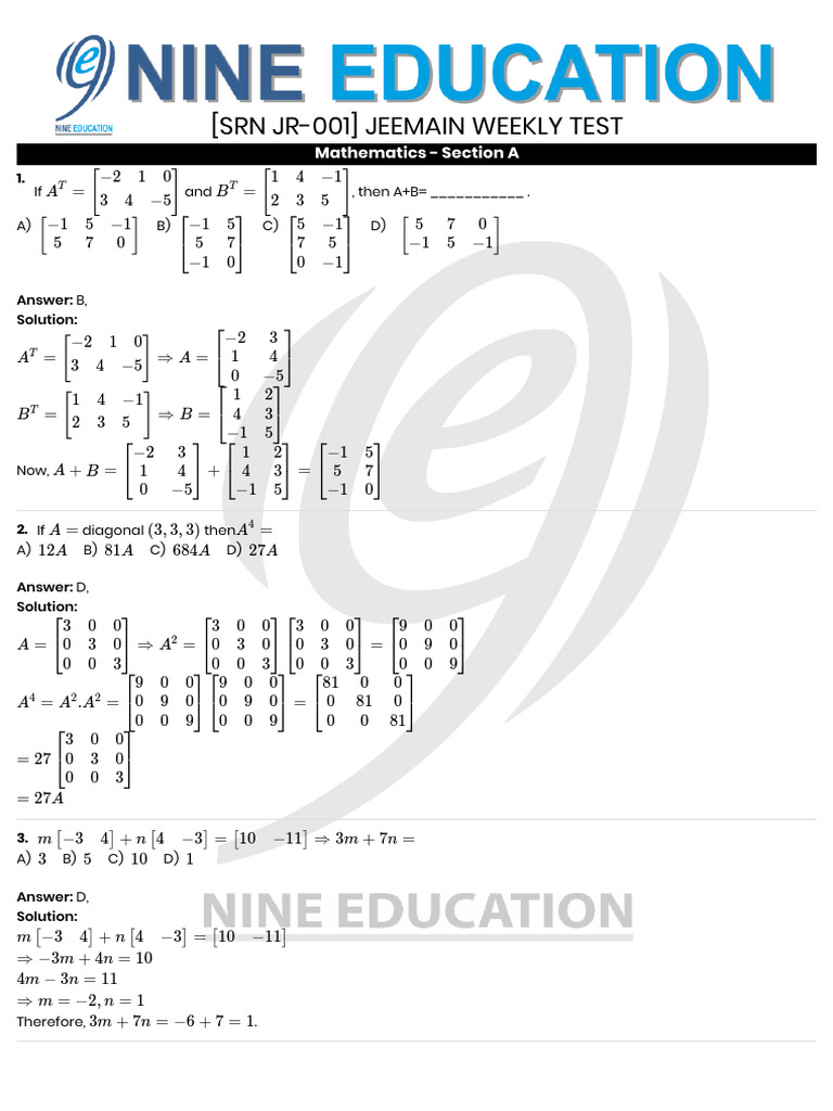 JEEMAIN Weekly Test Mathematics Solutions | PDF | Mathematical Concepts ...