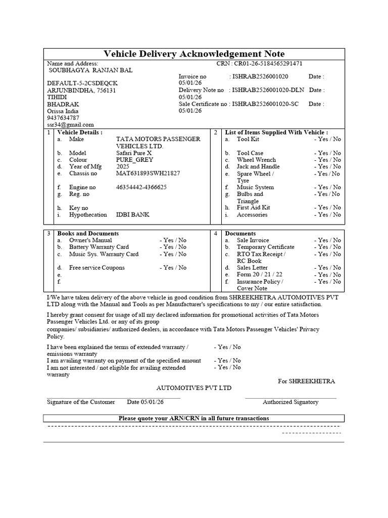 Vehicle Delivery Acknowledgement Note - 2026-01-21T114700.212 | PDF ...