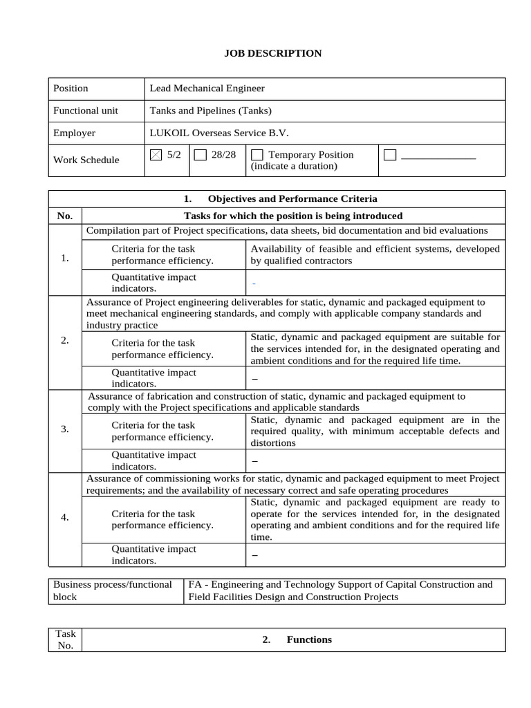 Lead Mechanical Engineer Job Description | PDF | Specification ...