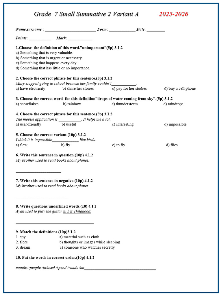 Grade 7 Summative Assessment 2025-2026 | PDF | Robot | Robotics