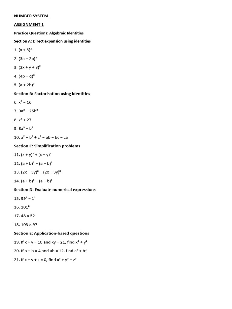 Algebraic Identities Practice Questions | PDF