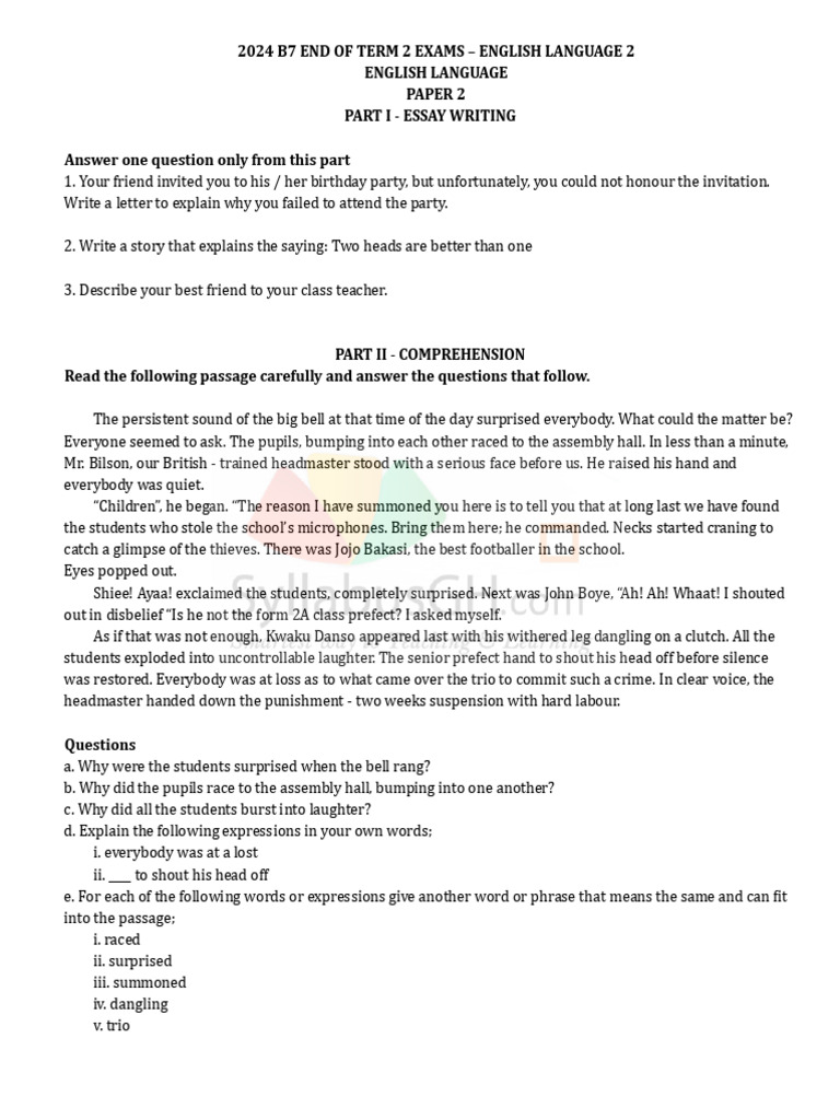 2024 B7 End of Term 2 Exams - English Lang. 2 | PDF