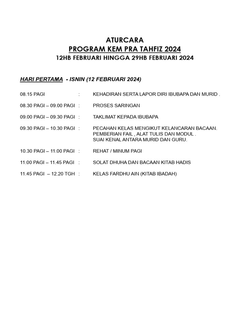Aturcara Program Kem Pra Tahfiz 2024 | PDF