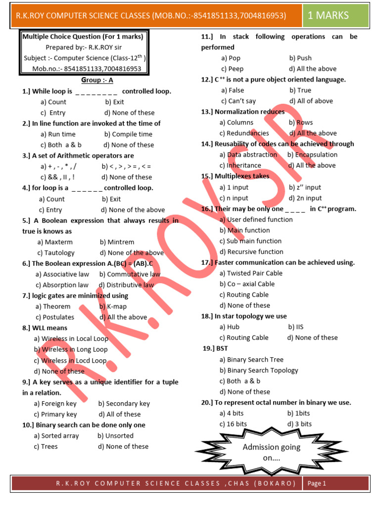 Class 12 Computer Science MCQs | PDF | Class (Computer Programming ...