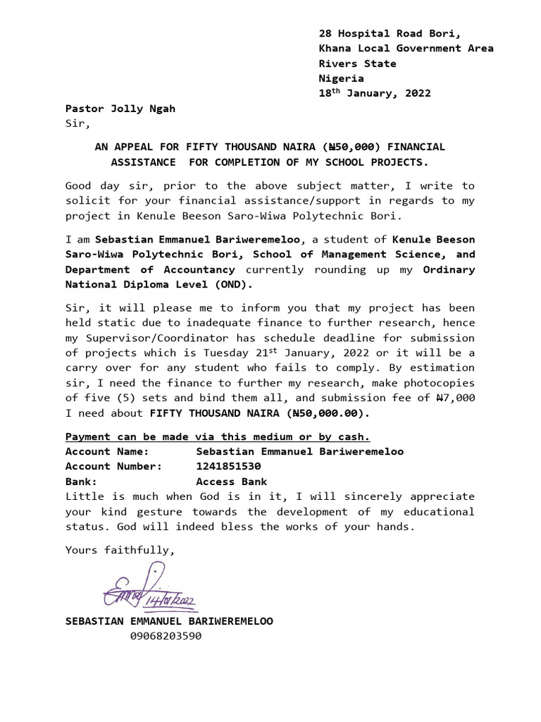 Application For Financial Assistance | PDF