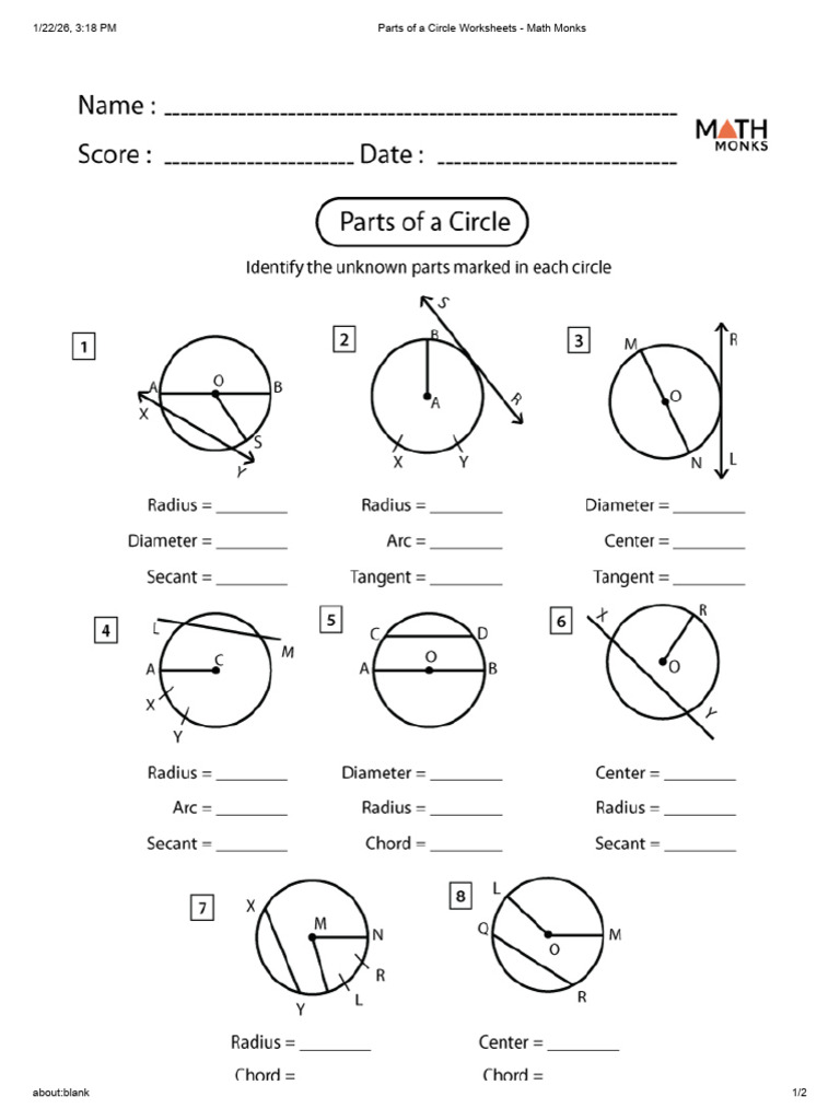 Parts of A Circle Worksheets - Math Monks | PDF