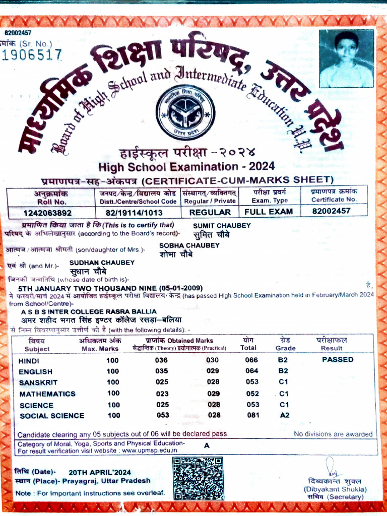High School Exam Certificate 2024 | PDF
