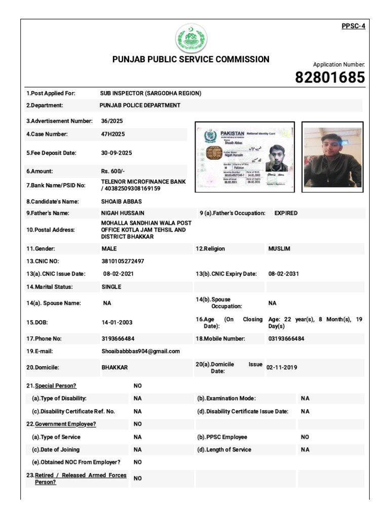 Punjab Police Sub Inspector Application | PDF
