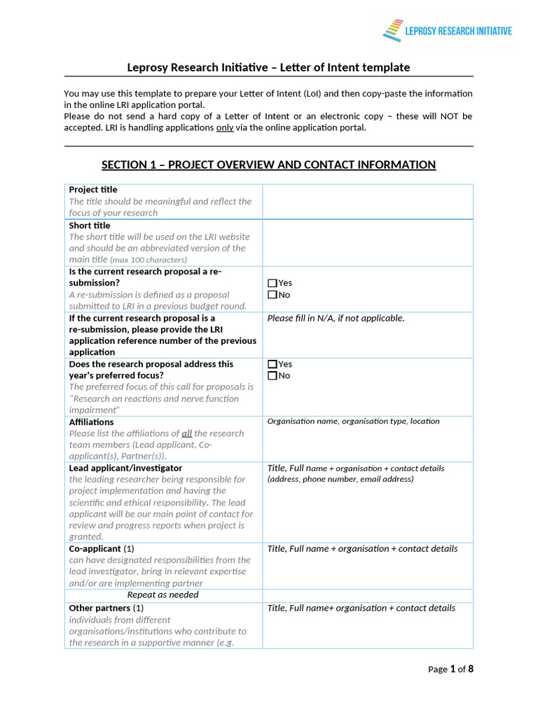Leprosy Research Initiative LoI Template | PDF
