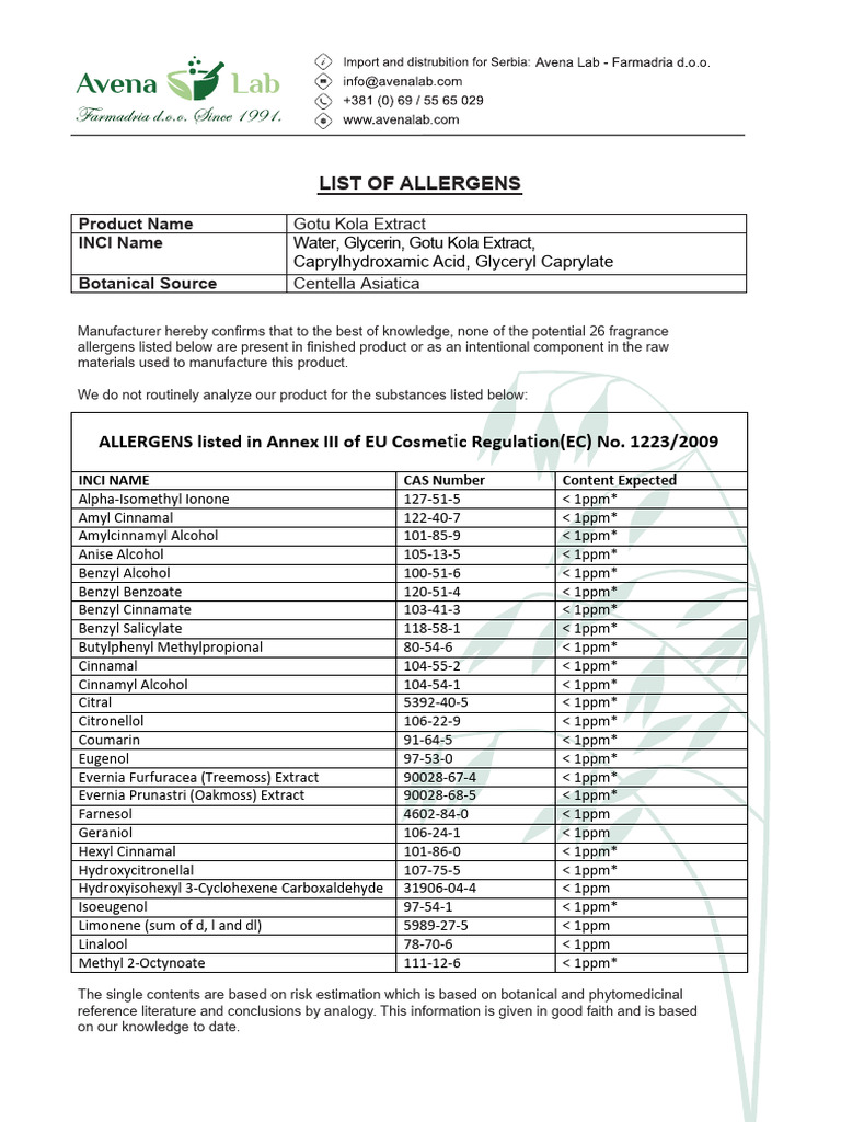 Gotu Kola Extract Allergen List | PDF | Medicinal Herbs And Fungi ...