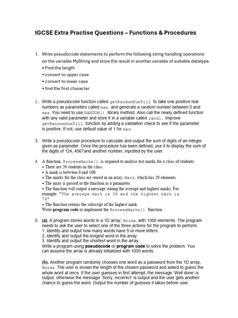 IGCSE Functions & Procedures Practice | PDF | Parameter (Computer ...