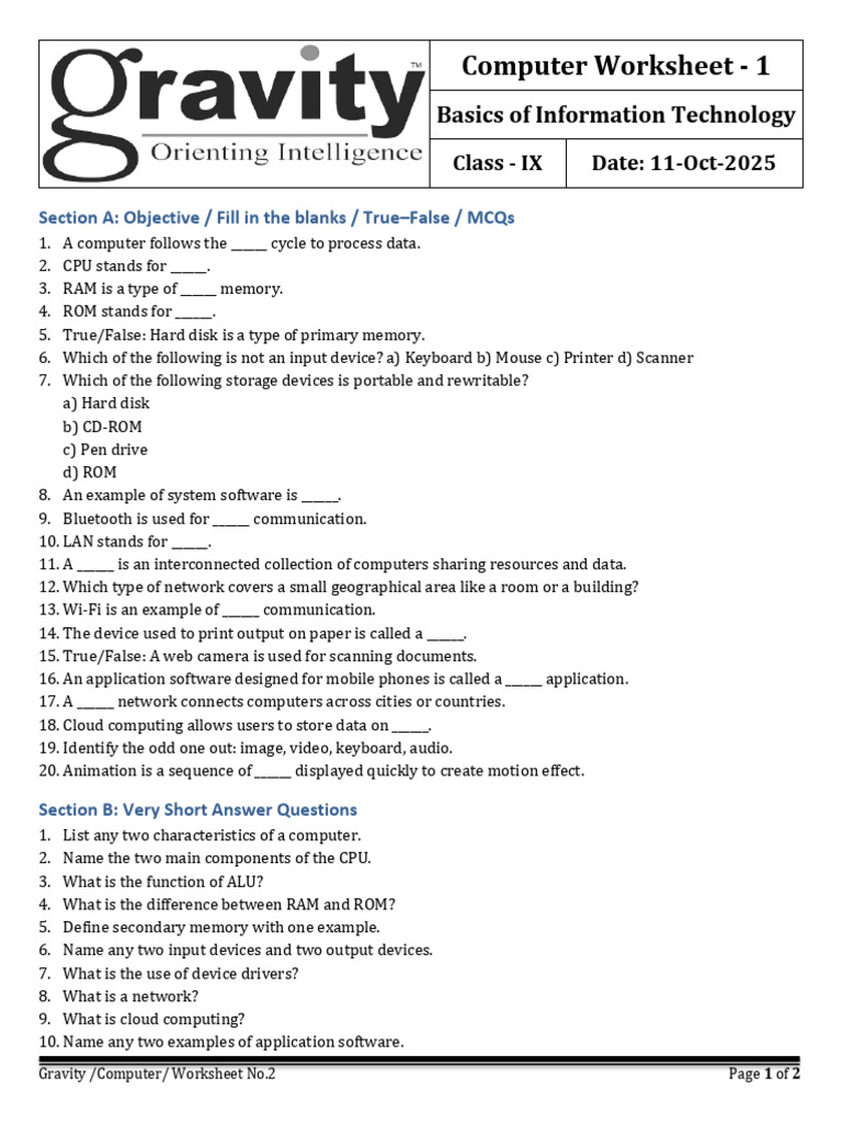 Worksheet 1 - Basics of Information Technology | PDF | Computer Data ...