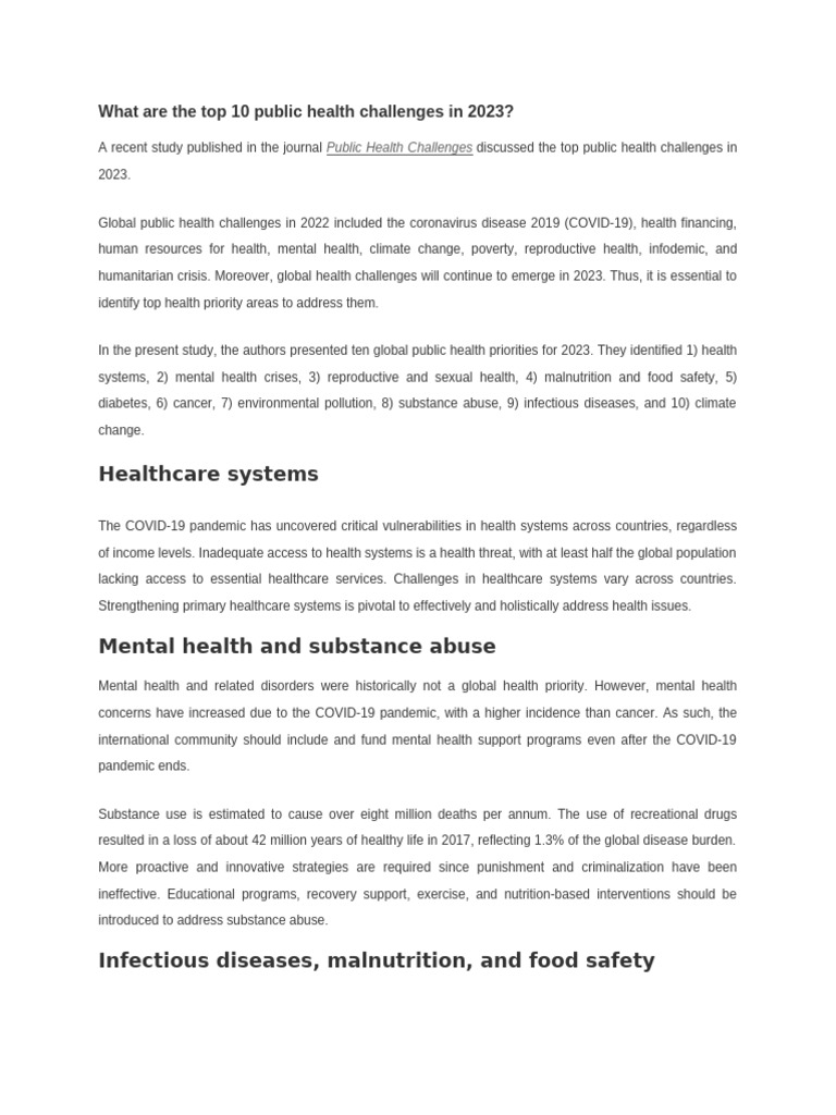 Top 10 Public Health Challenges 2023 | PDF | Public Health | Global Health
