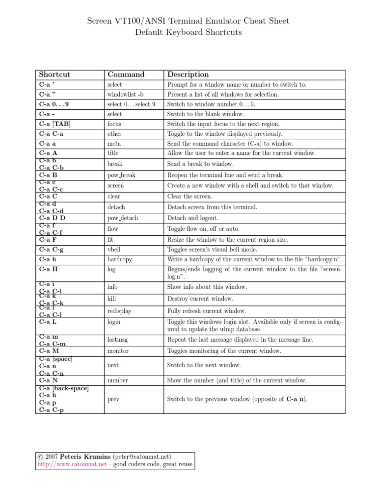 Screen VT100/ANSI Terminal Emulator Cheat Sheet Default Keyboard