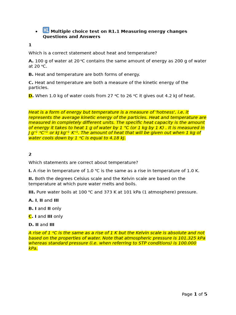 Multiple Choice Test On R1.1 Measuring Energy Changes ANSWERS | PDF ...