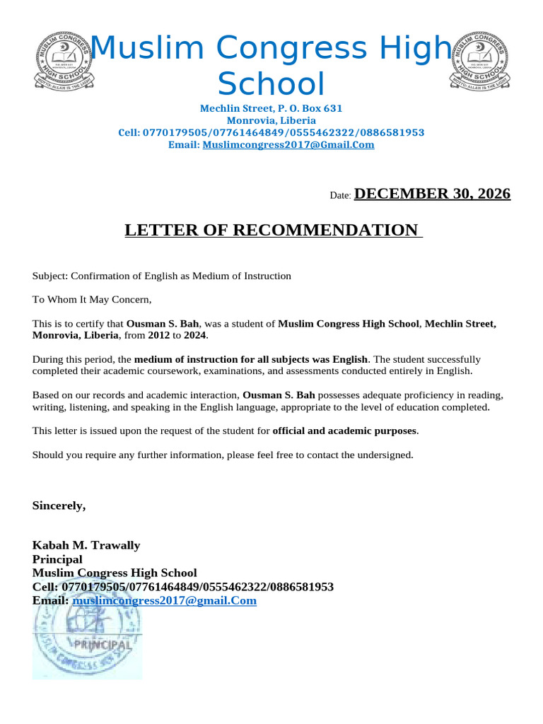 English Proficiency Confirmation Letter | PDF