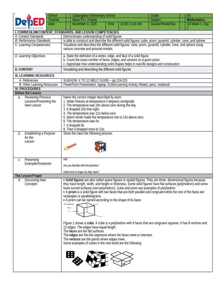 Solid Figures Lesson Plan for Grade 6 | PDF | Rectangle | Triangle
