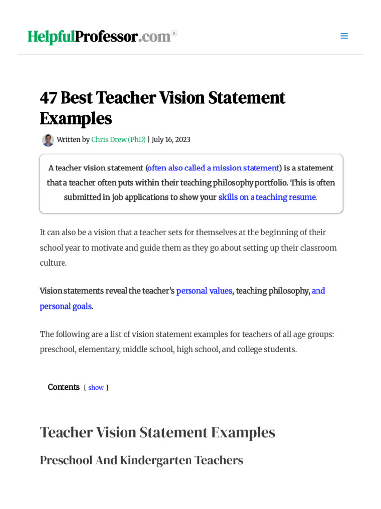 47 Inspiring Teacher Vision Statements | PDF | Teachers | Learning