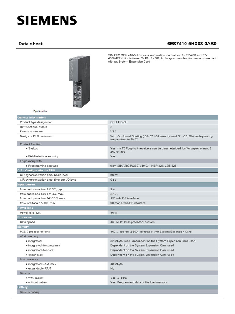 SIMATIC CPU 410-5H Data Sheet | PDF | Computer Engineering | Computing