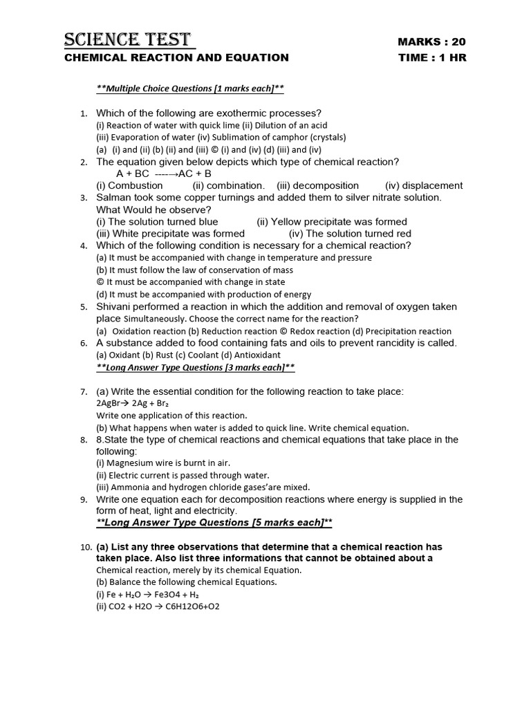 Chemical Reactions and Equations TEST | PDF | Chemical Reactions | Redox