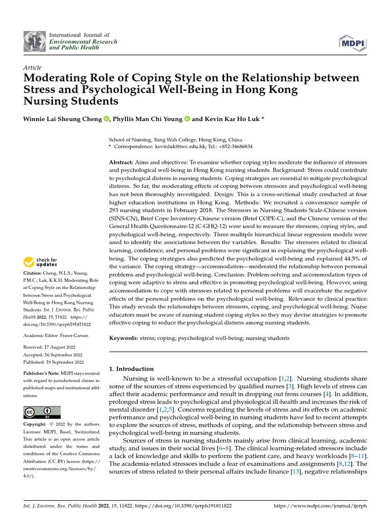 Coping Styles and Psychological Well-Being in Nursing Students | PDF ...