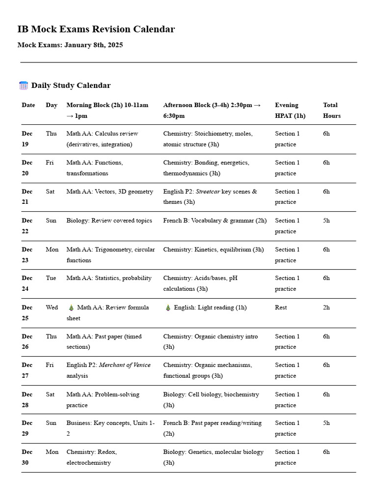 IB Mock Exams Study Calendar 2025 | PDF | Mathematics | Chemistry