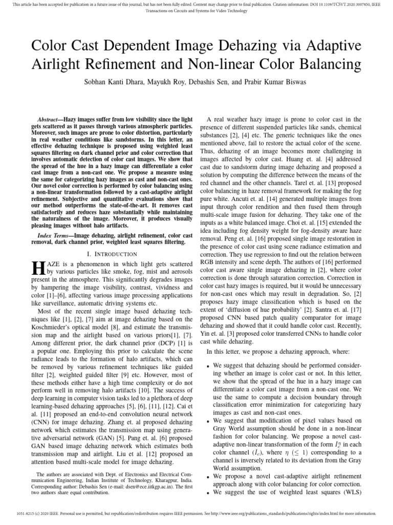 Color Cast Dependent Image Dehazing Via Adaptive | PDF | Color | Vision