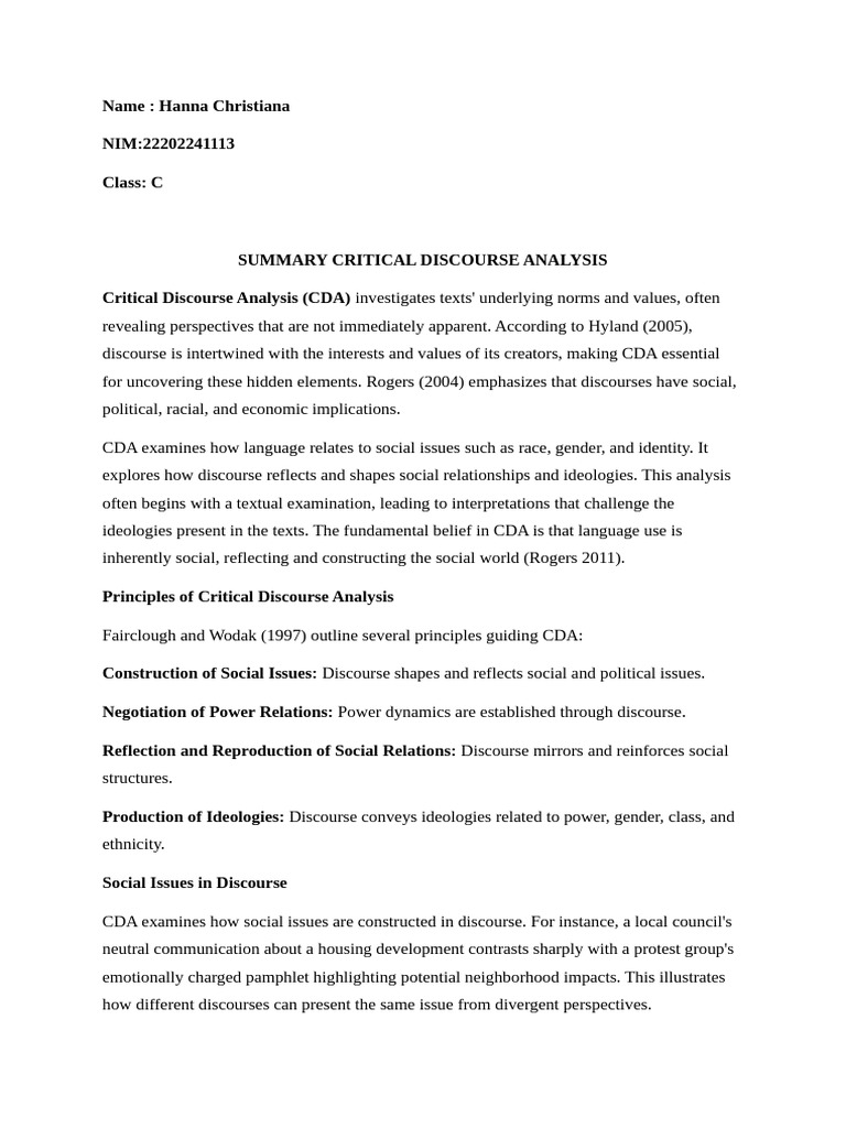 Critical Discourse Analysis Overview | PDF | Discourse | Liberal Arts ...