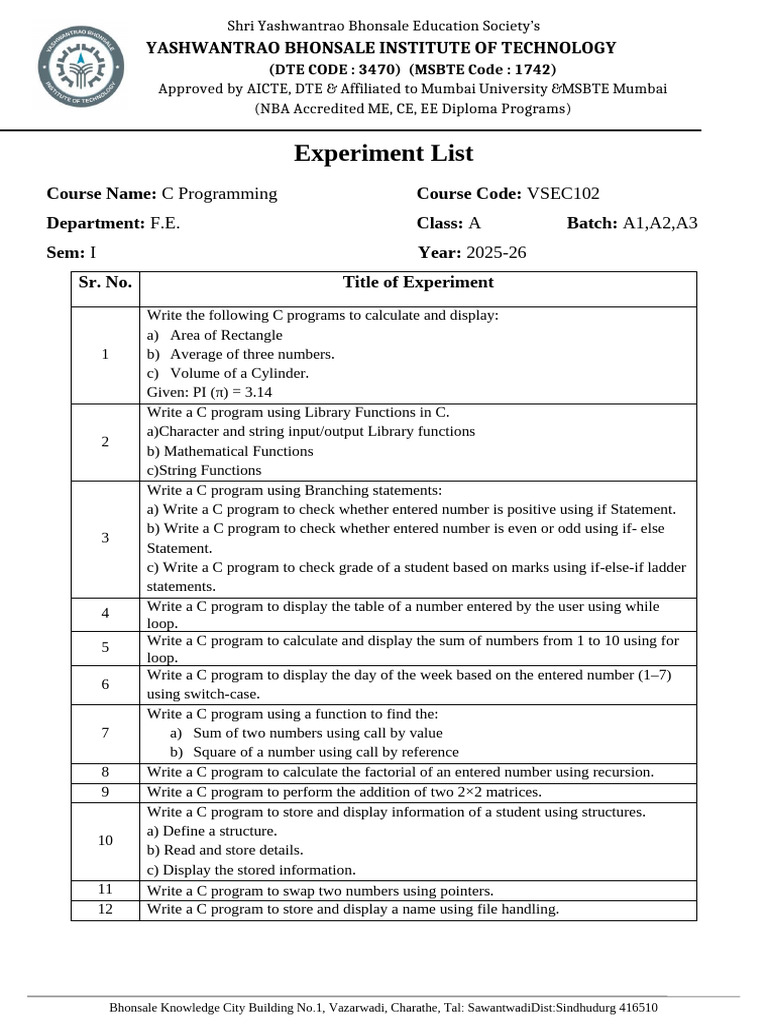 C Programming Experiment List 2025-26 | PDF | Software Engineering ...