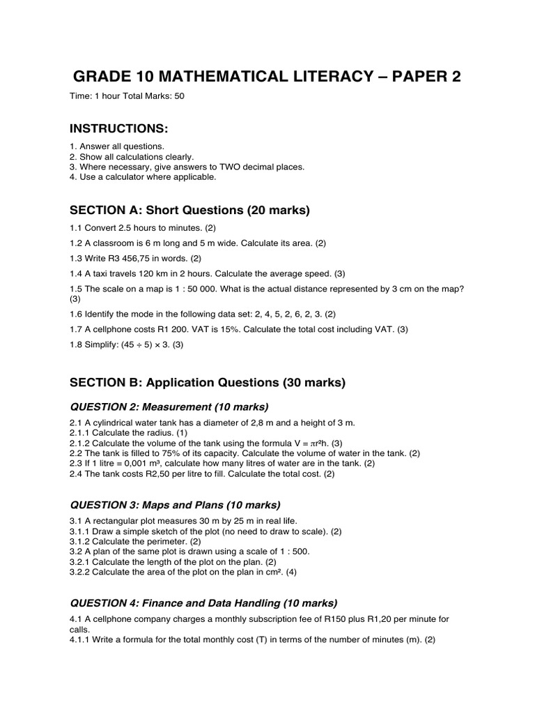 Grade 10 Math Literacy Exam Paper 2 | PDF