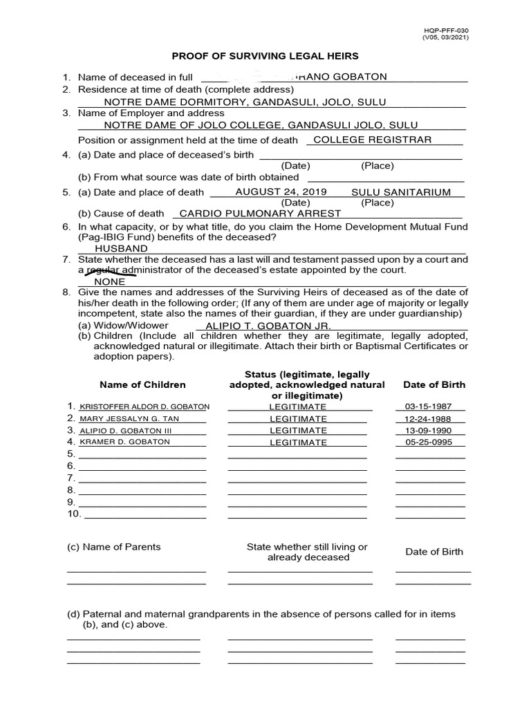 Proof of Surviving Legal Heirs Form | PDF | Social Institutions | Justice
