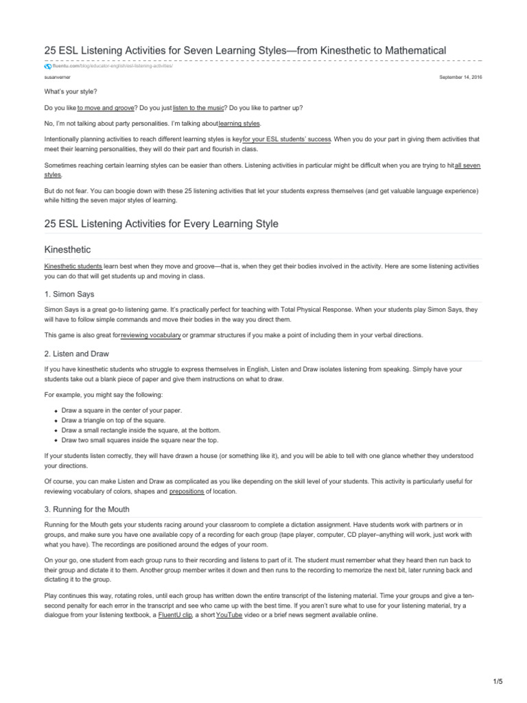 25 ESL Listening Activities for All Styles | PDF | Vocabulary | English ...
