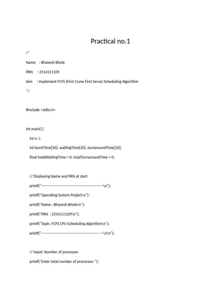 FCFS Scheduling Algorithm Implementation | PDF