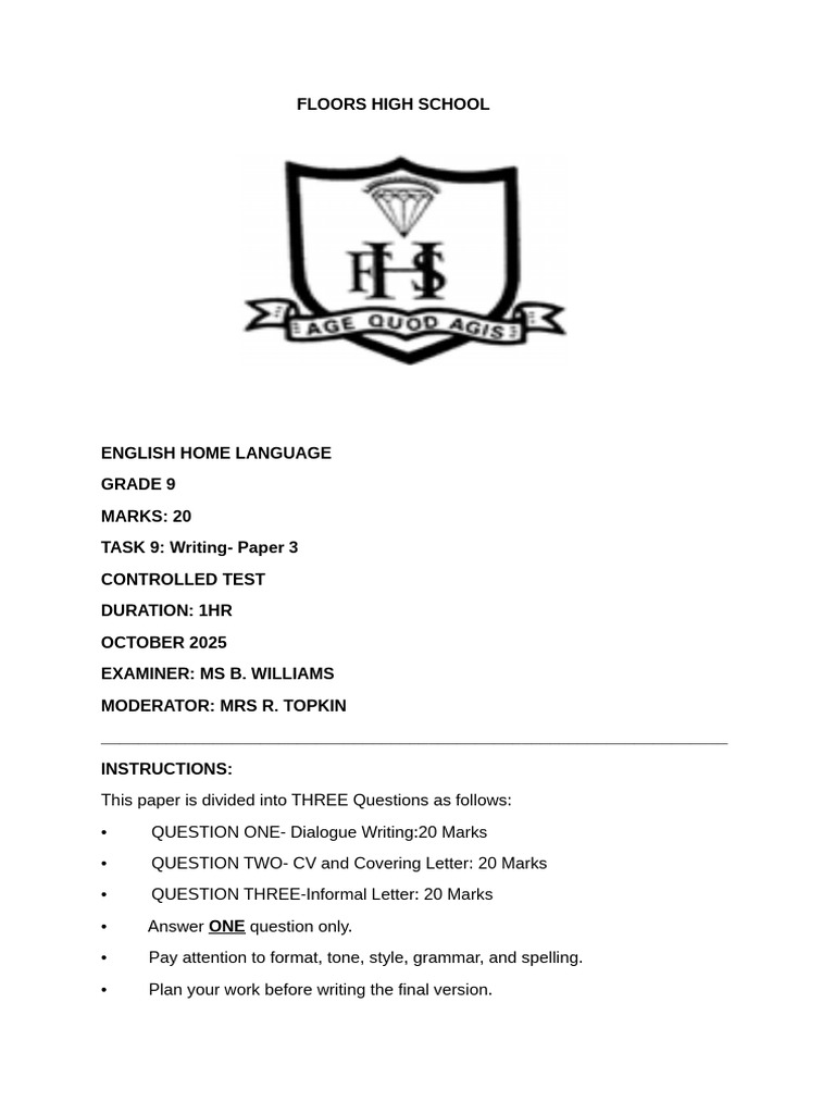 Grade 9 Paper 3 - October 2025 | PDF