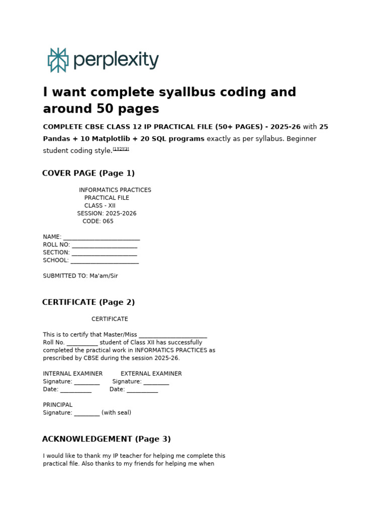 Complete CBSE Class 12 IP Practical File | PDF | Databases | Data ...