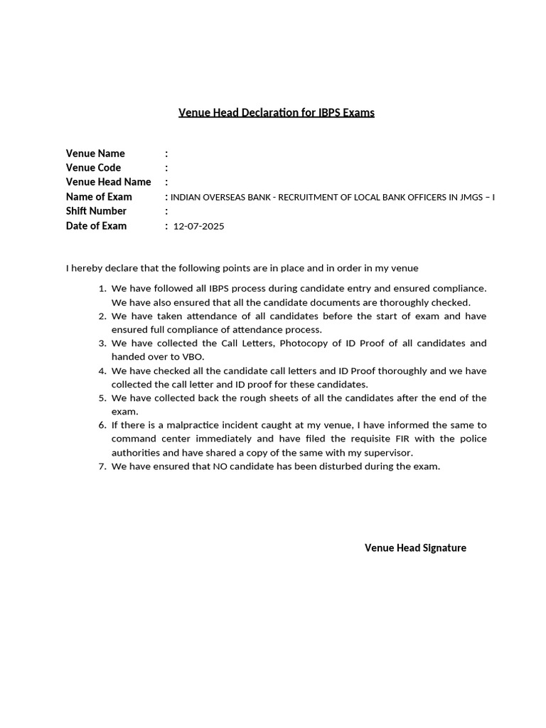 Venue Head Declaration For IBPS Exams | PDF