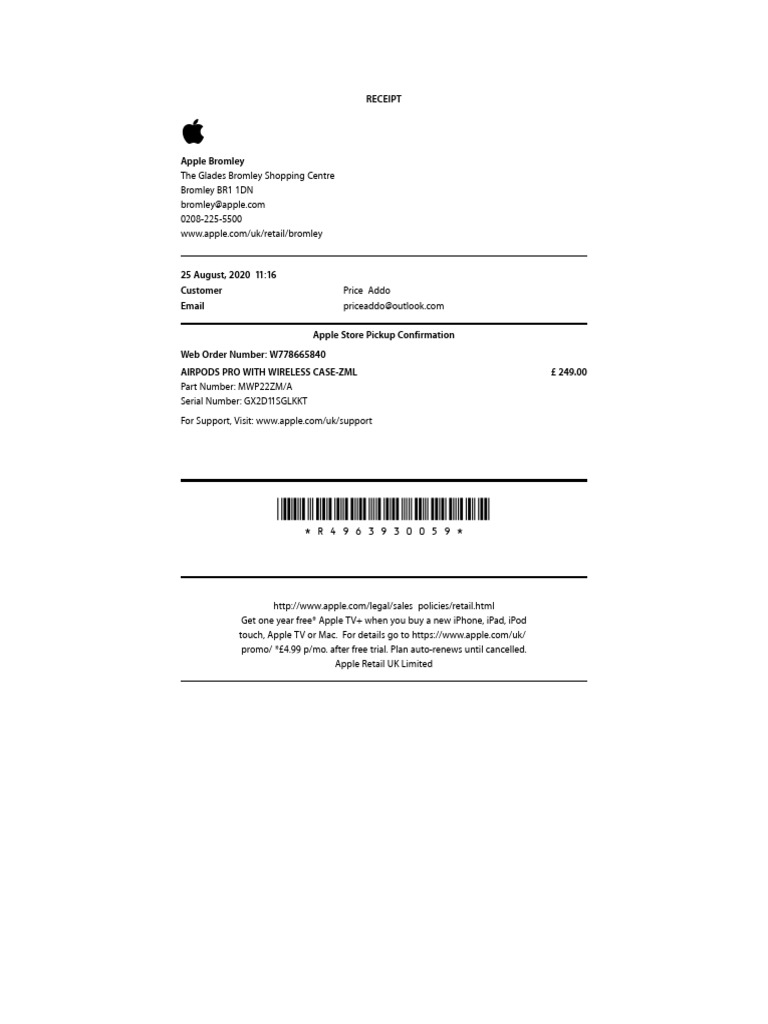 Apple Store Receipt for AirPods Pro | PDF