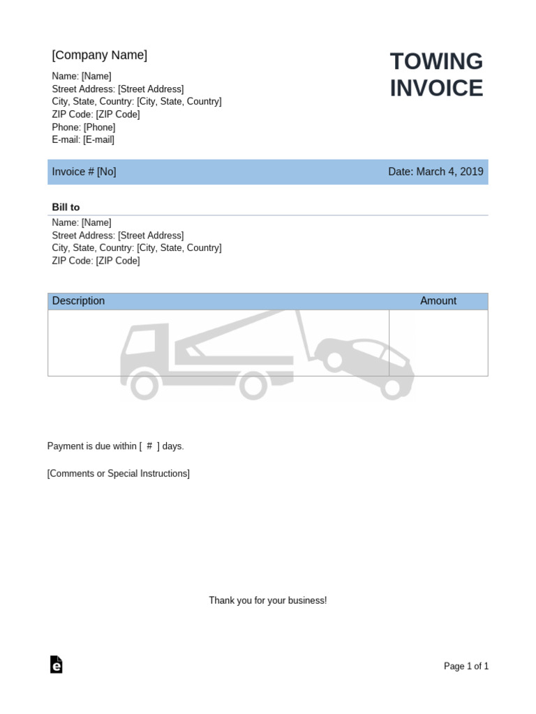 Towing Invoice Template for Services | PDF